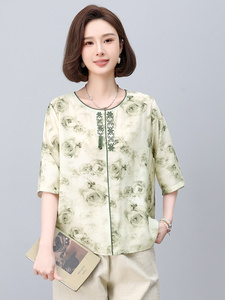 新中式国风印花女2025夏季新款妈妈宽松遮肚子减龄亚麻图片