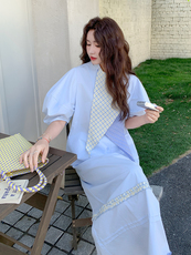蓝色法式气质套装裙女2025夏季新款超好看泡泡袖上衣半身裙两件套，女装套装/套裙，慧尚依恋