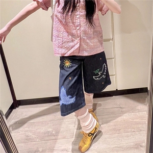 美式刺绣小鸟七分牛仔裤女夏季新款宽松阔腿百搭牛仔短裤图片