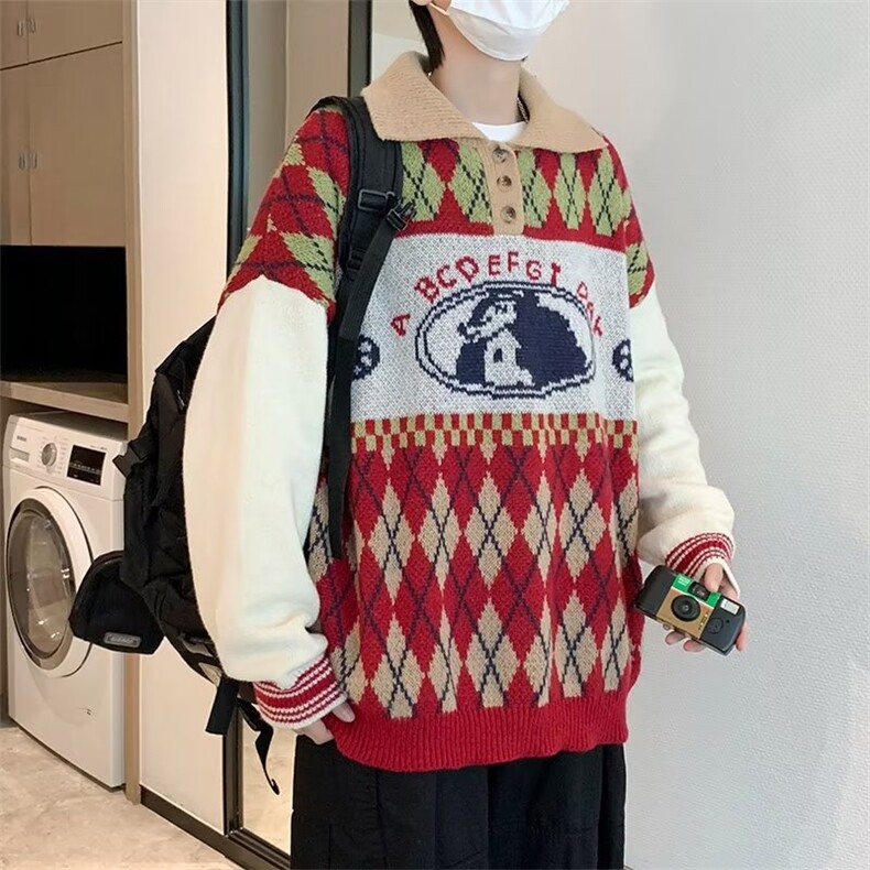 格子P0l0领毛衣美式圆领毛衣男慵懒风休闲针织衫FM07P45,男装针织衫/毛衣,星座1116-2