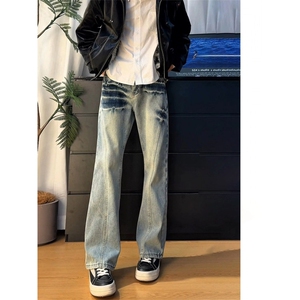 美式复古裂纹做旧cleanfit水洗街头牛仔裤潮牌高街设计感休闲长裤图片