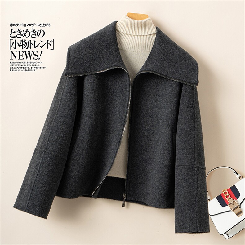 2025百搭时尚简约翻领拉链长袖羊毛大衣双面呢大衣，女装双面呢大衣，优远毛呢大衣