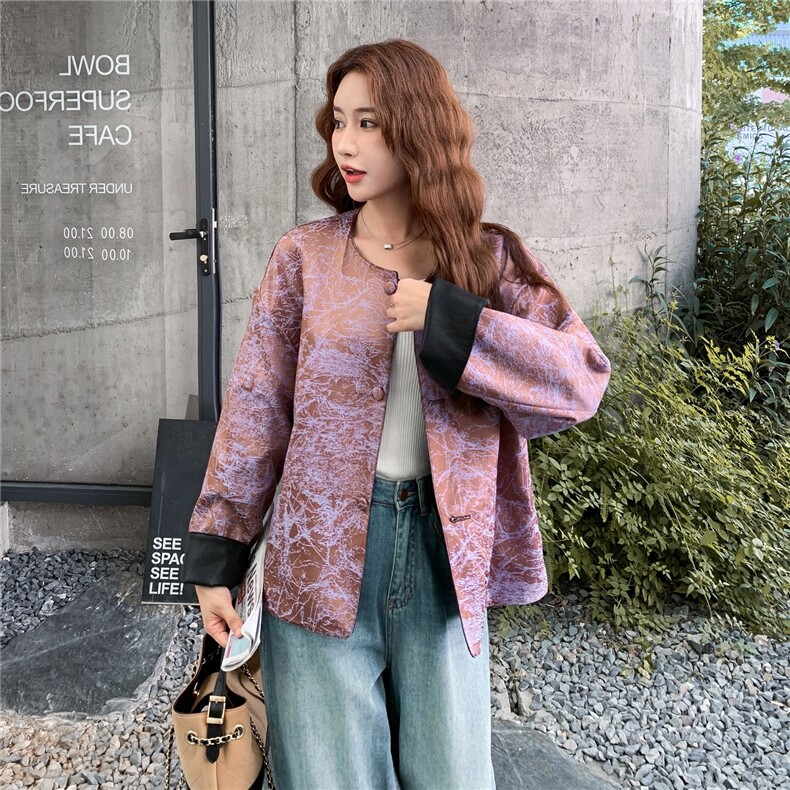 两面穿圆领花纹袖口拼接皮衣外套女秋季新款时尚气质休闲显瘦上衣,女装短外套,2C057