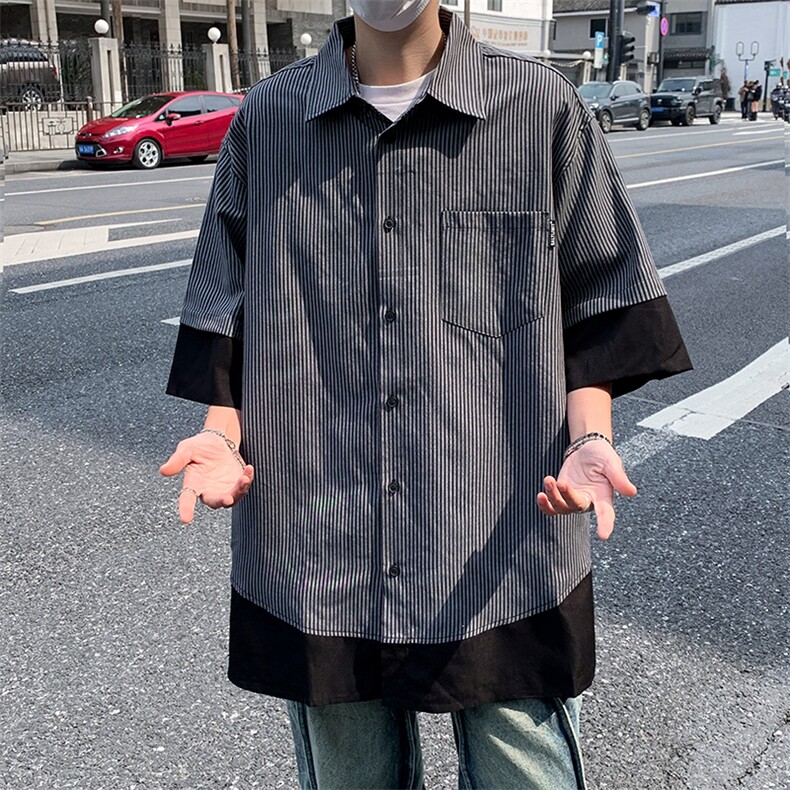 新款条纹男士短袖衬衫夏季百搭宽松休闲半袖衬衣潮牌C51033-p35,男装衬衫,星座1008