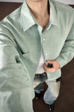 春夏男士衬衫冰丝薄款休闲上衣宽松垂感百搭黑色翻领长袖衬衣，男装衬衫，电商B319