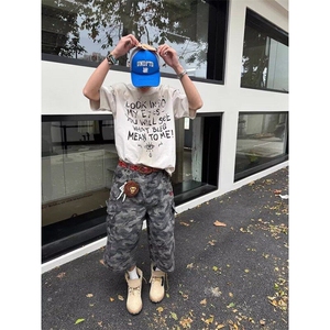 W37-P50迷彩阔腿牛仔裤新款宽松休闲直筒七分裤图片