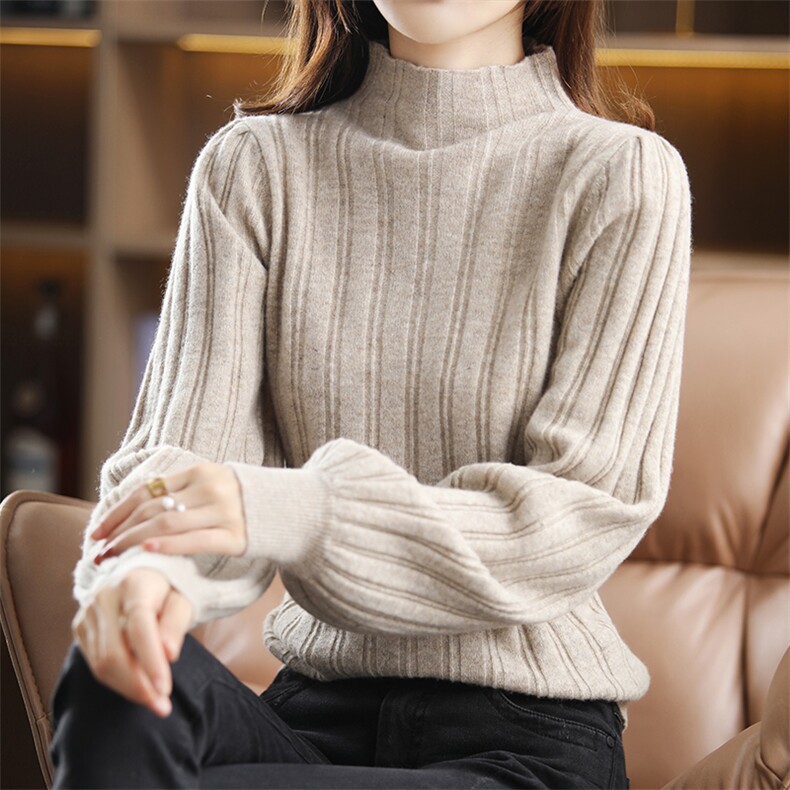 2024秋新款灯笼袖修身内搭半高领女羊毛衫,女装羊毛衫,迅太羊绒
