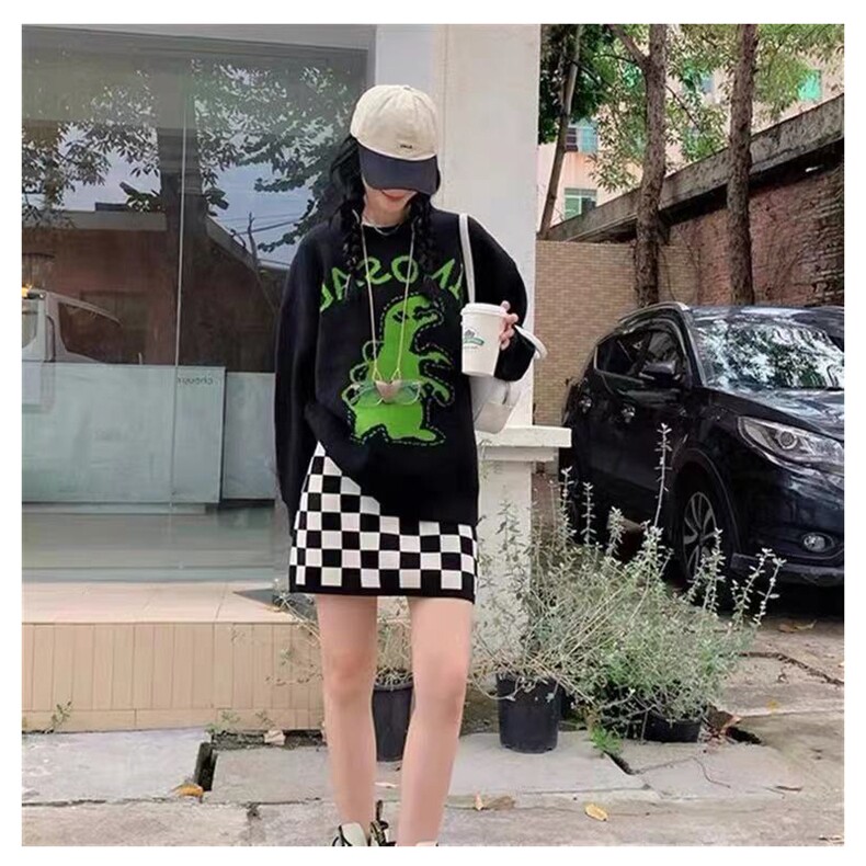 杨泡泡黑色恐龙毛衣女秋季新款宽松韩版慵懒风设计感套头针织上衣,针织衫/毛衣,潮品会