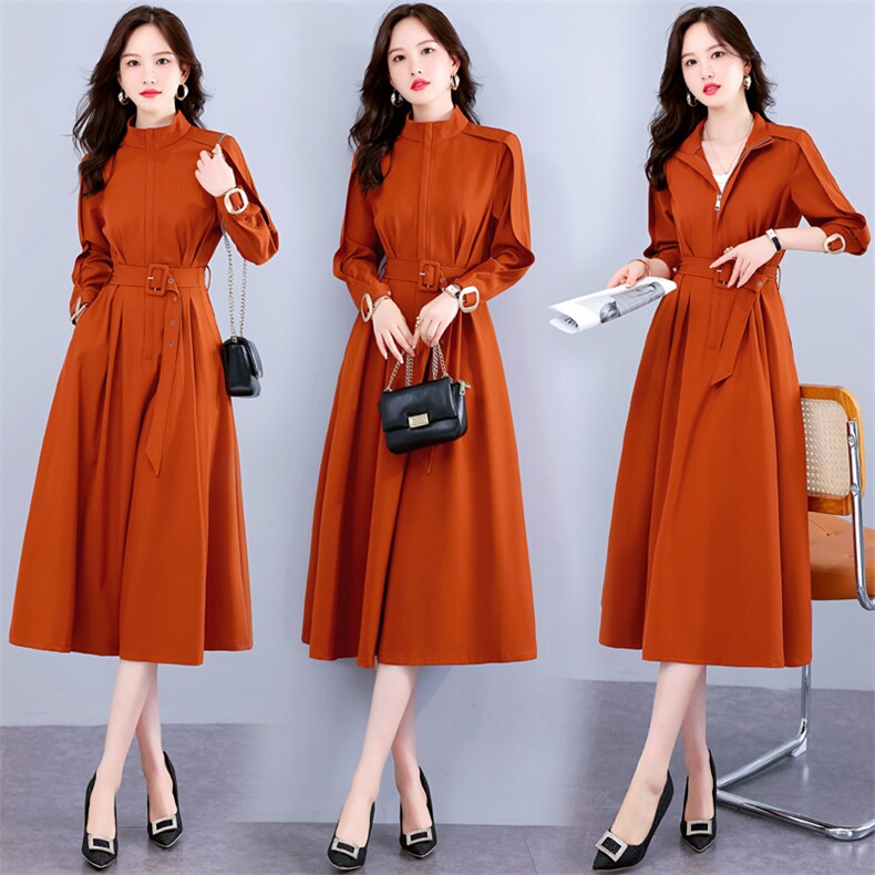 新款长袖风衣式连衣裙女春秋新款收腰显瘦复古气质风衣裙送腰带，女装连衣裙，韩美纤衣