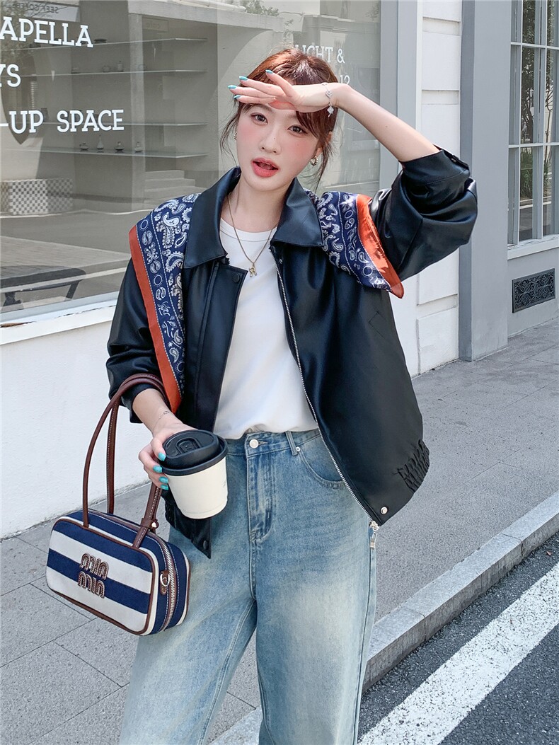 《档口现货》2026秋上新超柔软蛋白皮外套配丝巾气质皮衣小外套女,女装皮衣,时尚风爆