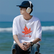 X5男女休闲新中式枫叶印花圆领半袖五分袖T恤衫大码TEE，男装T恤，星座115A-3