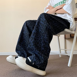 美式复古水洗豹纹牛仔裤秋季新款设计感休闲拖地阔腿裤潮图片