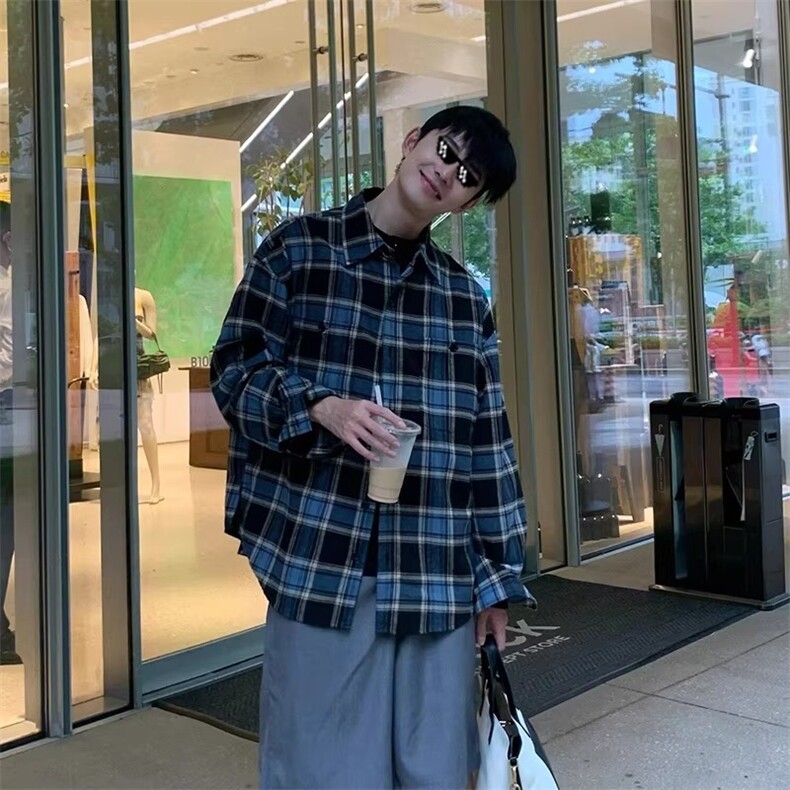 美式复古格子衬衫男秋季新款cleanfit长袖防晒衬衣高级感初秋外套,男装防晒衣,星座1210-1
