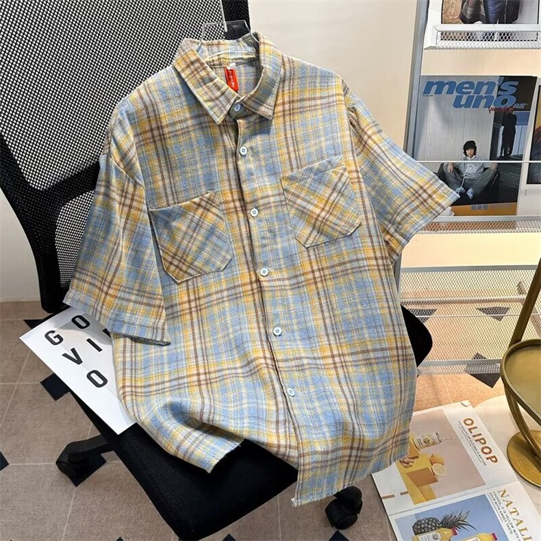 复古短袖衬衫男2024夏季新款港风宽松潮流休闲格子衬衣CY906-P31,男装衬衫,星座412-2