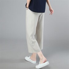 夏季新款中年妈妈棉麻休闲宽腿裤松紧腰薄款八分显瘦亚麻阔腿裤女，女装休闲裤，璐依舞