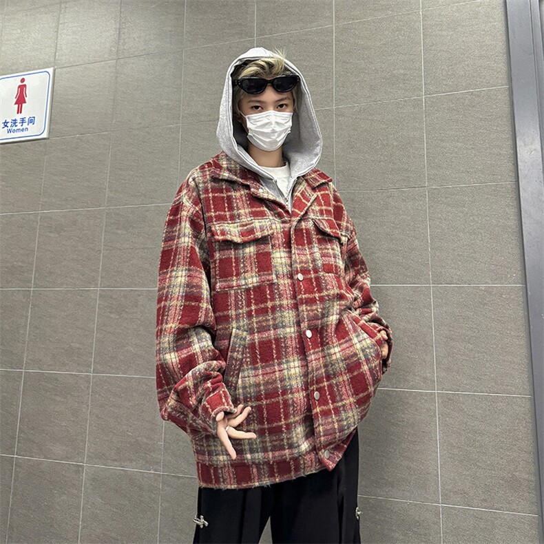 2025新款假两件夹克连帽格子外套宽松拼接毛呢青年现货W8392-P68,男装夹克,星座512-4