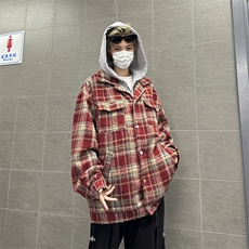 2025新款假两件夹克连帽格子外套宽松拼接毛呢青年现货W8392-P68，男装夹克，星座512-4