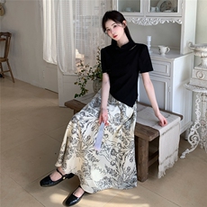 新中式国风不规则T恤印花半身裙套装女夏甜美显瘦两件套漂亮绝美，女装套装/套裙，2C271