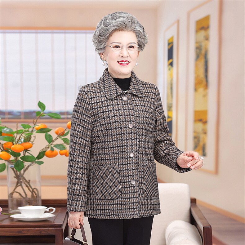 外套格子开衫奶奶装大码长袖扣子衫中老年女装秋冬翻领加绒大衣,女装中老年女装,亚东羊绒制品