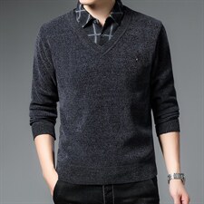 B-N21831男士2023年秋冬新款长袖雪尼尔假两件休闲打底衫P55，男装针织衫/毛衣，电商B360