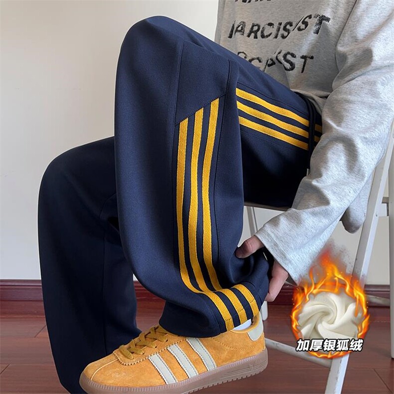 加厚银狐绒360g重磅大码拼接三条杠休闲裤男K5600J加绒-特P38控78，男装卫衣，电商A001