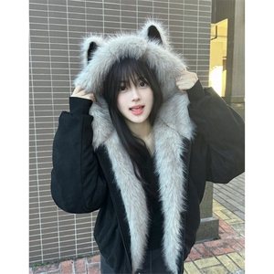 美式复古猫耳朵座山雕棉衣外套男女冬季加绒加厚毛领连帽情侣棉服图片