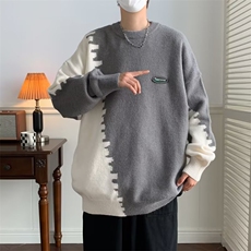 秋冬撞色拼接设计感圆领针织衫情侣韩系慵懒风毛衣男M664-P38，男装针织衫/毛衣，星座512-2