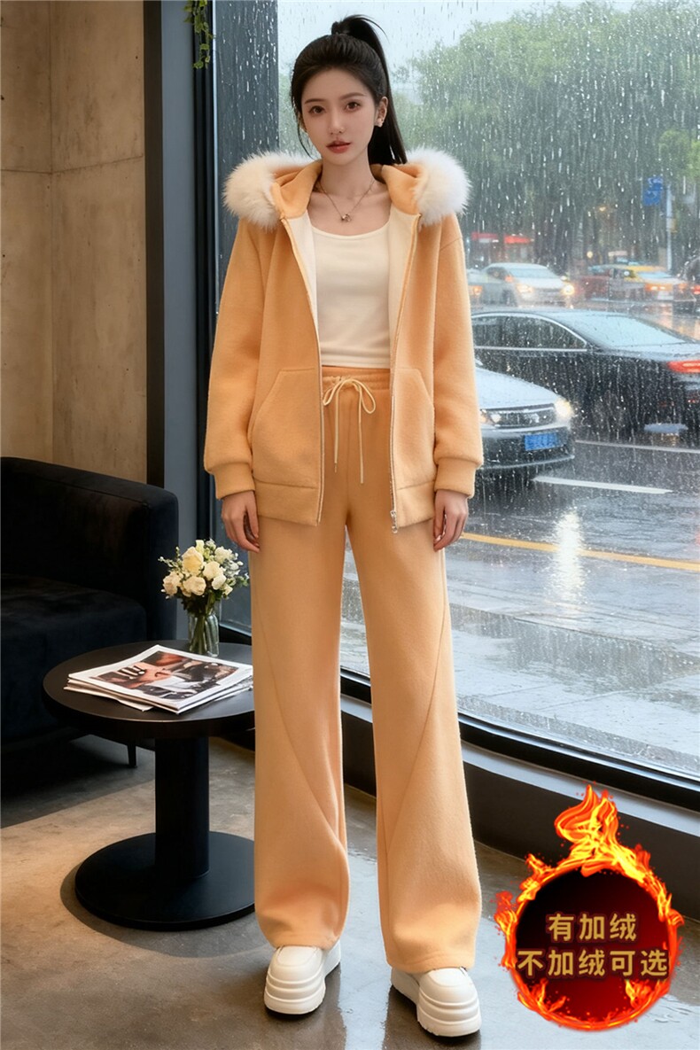 女秋冬新款时尚休闲套装宽松显瘦短款连帽毛领外套阔腿长裤两件套,女装套装/套裙,江南