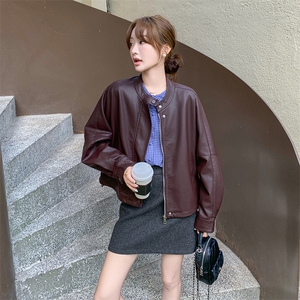 安可拉红皮衣外套女2025秋季新款美式复古时尚炸街机车风PU皮夹克图片
