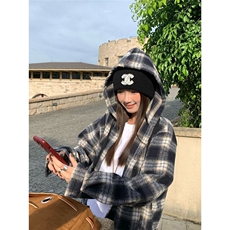 韩版设计感休闲连帽格子衬衫外套女春秋季新款宽松中长款情侣衬衣，男装衬衫，星座506A