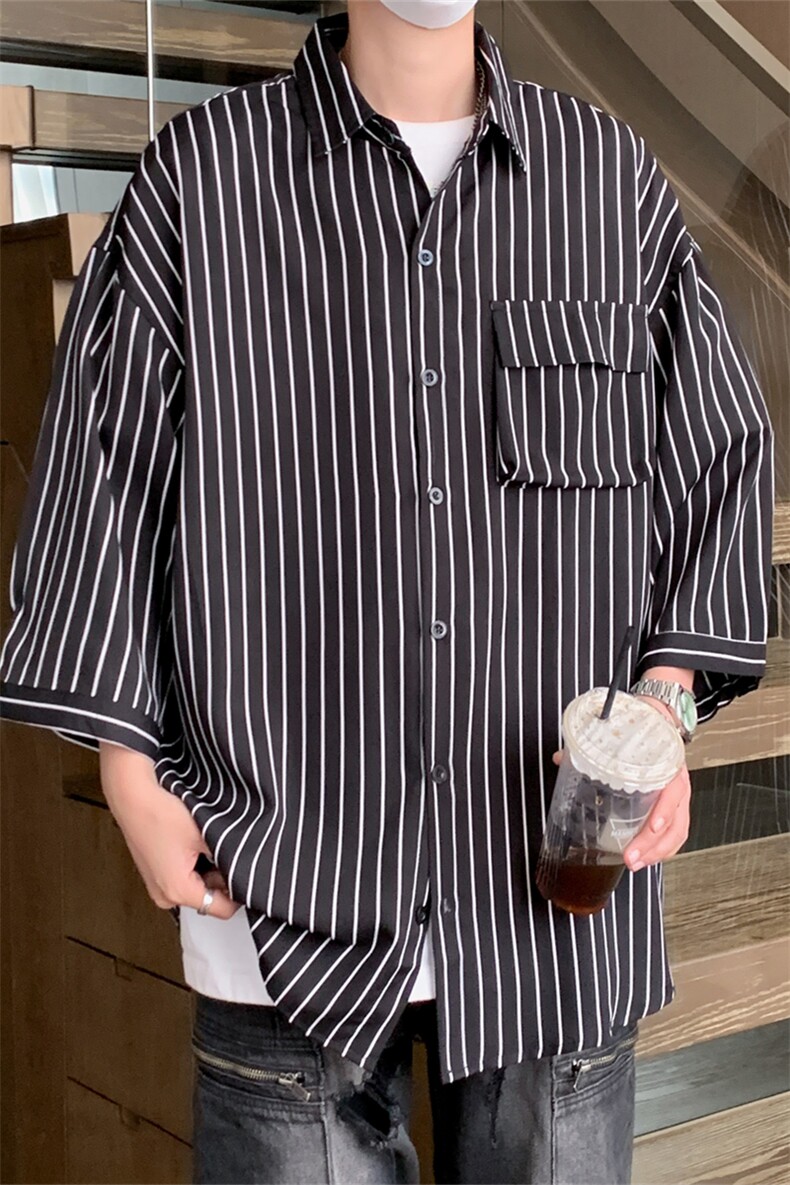 C2037/P35现货夏季条纹工装短袖衬衣男士宽松衬衫五分袖潮大码男,男装衬衫,电商A141