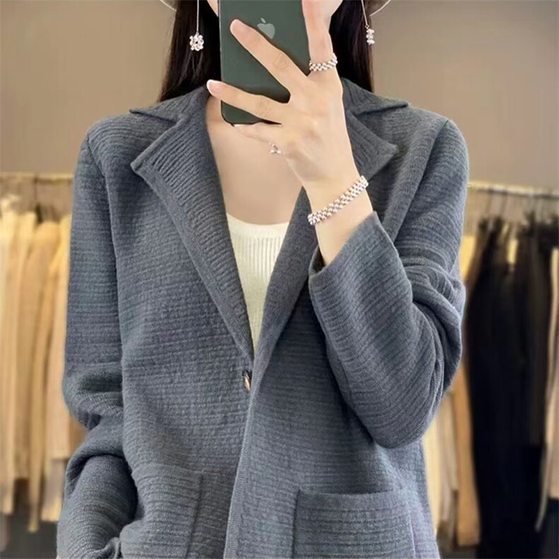 秋冬新款中长款100%纯羊毛针织开衫女V领带兜毛衣宽松羊绒衫外套,针织衫/毛衣,萱芳婷羊绒