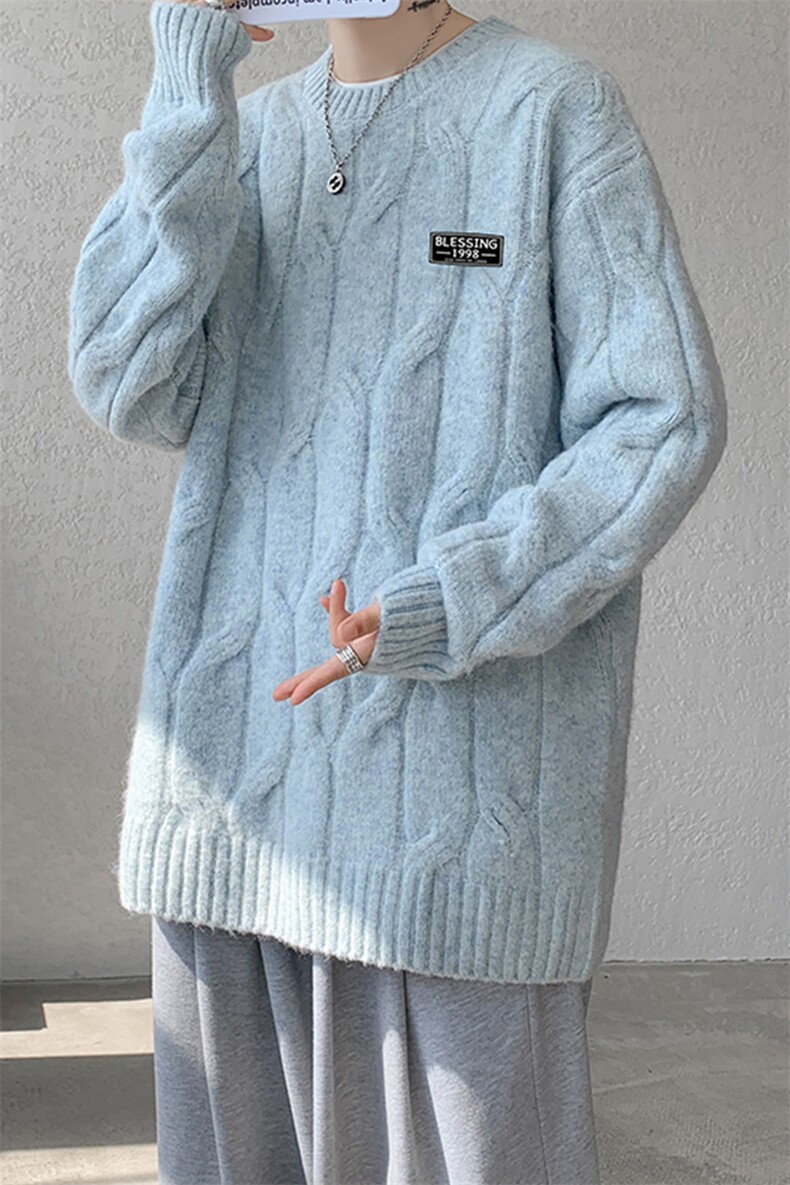 8XL-M圆领毛衣男秋冬慵懒风宽松情侣装麻花针织羊毛衫MY19004P68,男装针织衫/毛衣,电商B312
