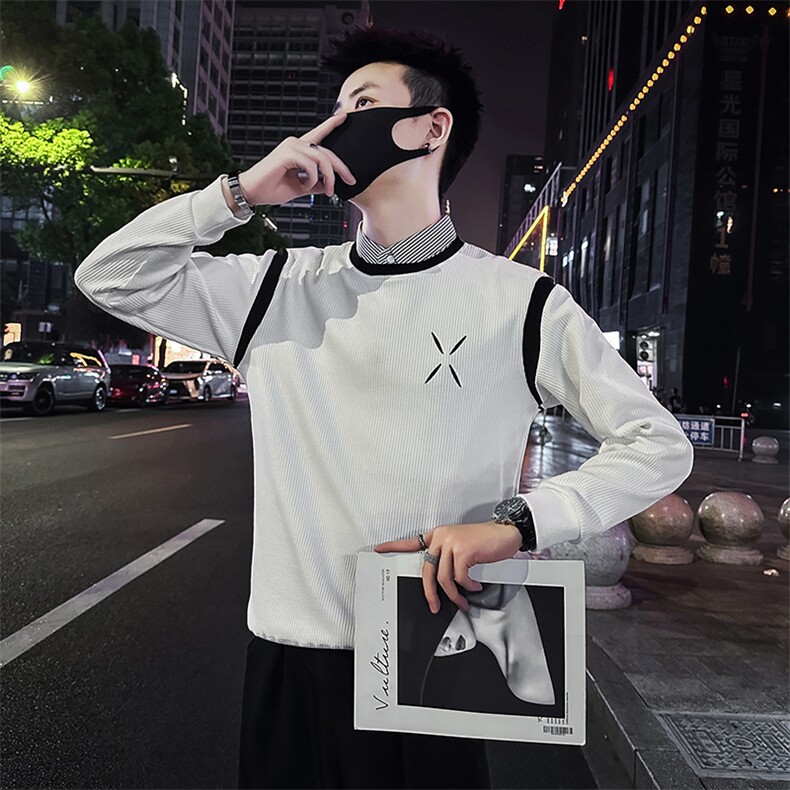 小清新假两件卫衣男潮流2024秋季新款衬衫领卫衣A368-WY1807,男装衬衫,电商A368