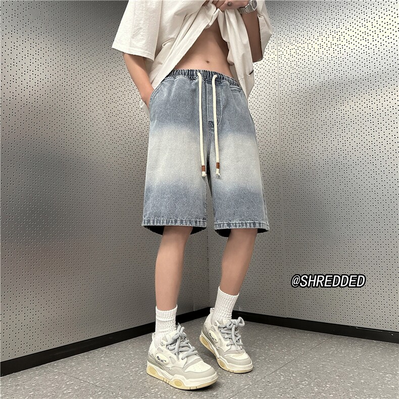 港风夏季双色系带五分裤宽松渐变牛仔短裤B315-K23208-P45控58图片