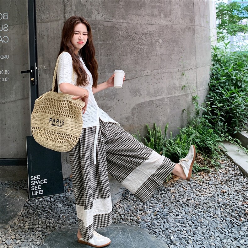 法式蕾丝拼接镂空衬衫裤子套装女2025新款夏季格子阔腿长裤两件套,女装套装/套裙,2C258