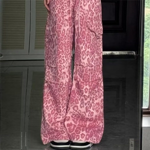 D6183-P58美式粉红色豹纹嘻哈男女新款宽松阔腿裤工装裤-网图现货
