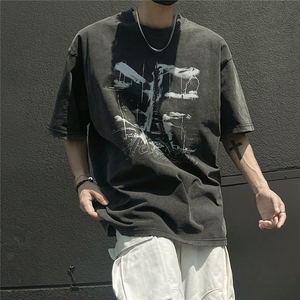 2025夏季复古涂鸦图案印花男士短袖T恤T1057/P55控79-100棉260克图片