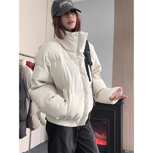 现货5W件冬季三防重磅硬挺boxy短款羽绒立领PU皮棉衣外套加厚棉服图片
