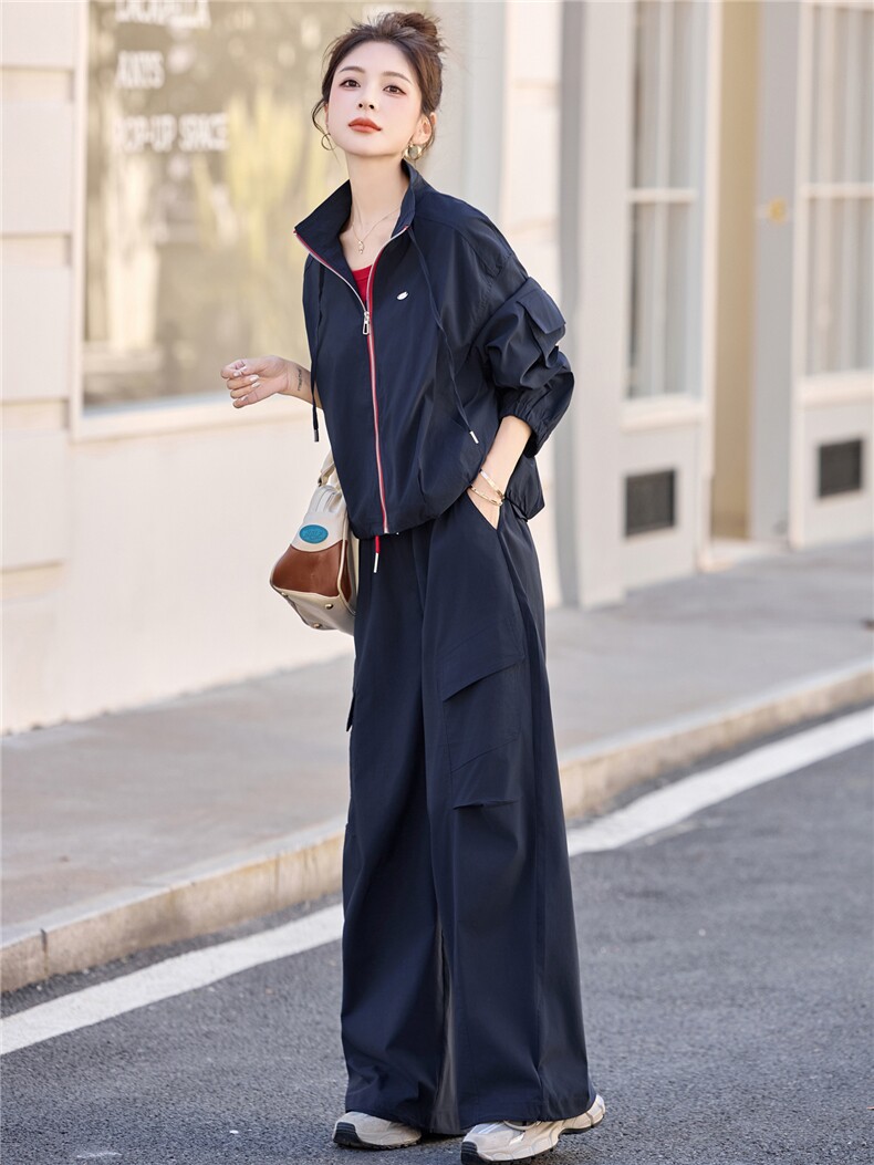 休闲撞色拼接工装套装女2025春秋新款干练时尚高级感阔腿裤三件套,女装套装/套裙,意芙