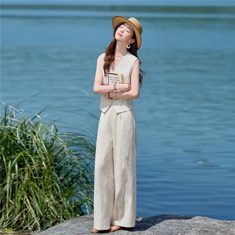 现货，2026年夏季新款高端无袖亚麻阔腿裤两件套女,女装套装/套裙,E百度