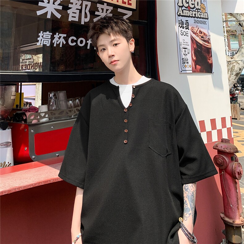 2026夏装V领短袖排扣T恤大码男薄款冰丝五分袖 T6607/特P25 黑色2图片