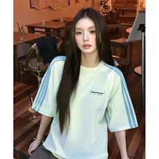 抖音得物品质二开240克宽松纯棉美式潮牌印花三条杠中性风短袖T恤，男装T恤，电商A486