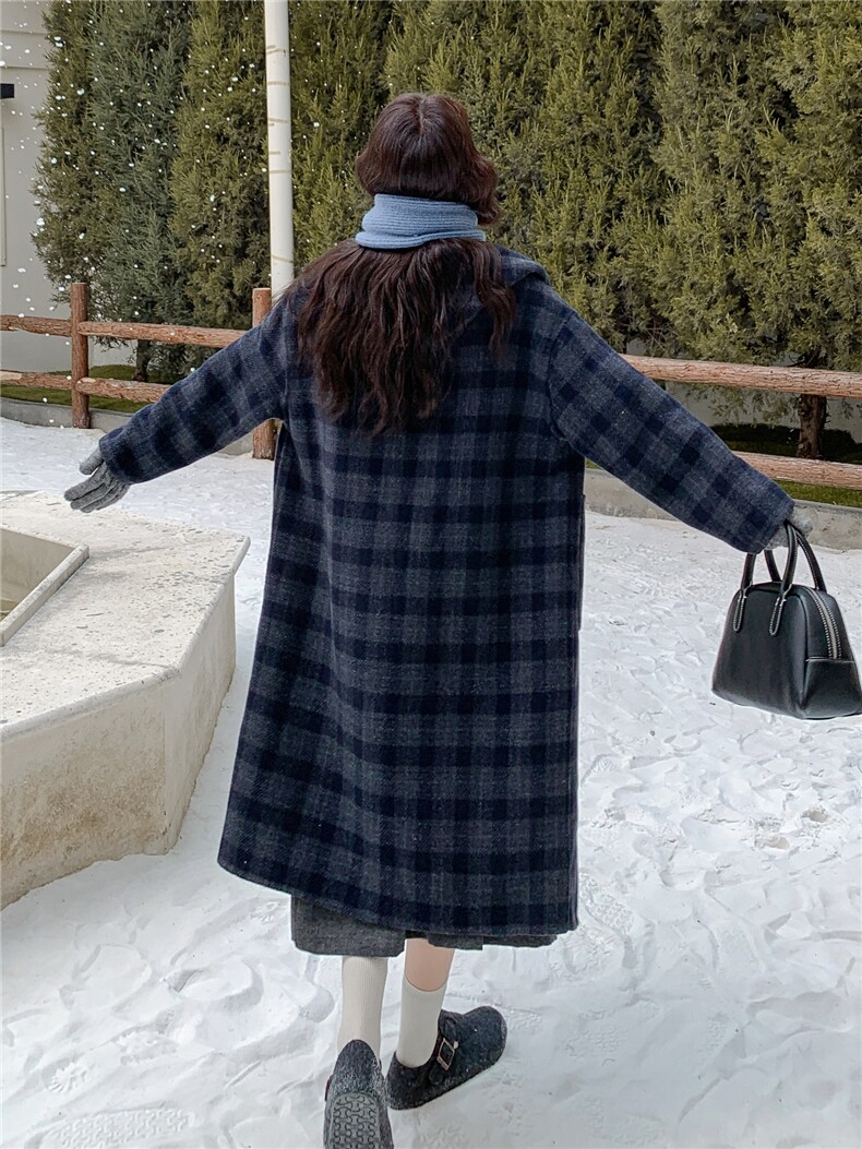 牛角扣格纹连帽双面呢大衣女2025冬新款复古学院风小个子毛呢外套,女装毛呢外套,慧尚2-185