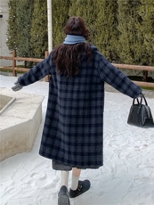 牛角扣格纹连帽双面呢大衣女2025冬新款复古学院风小个子毛呢外套，女装毛呢外套，慧尚2-185