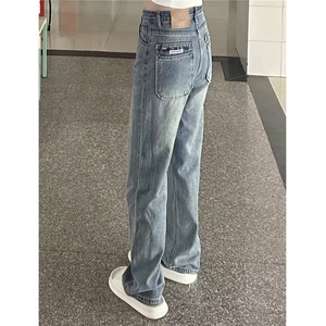 复古小个子阔腿牛仔裤女夏季新款设计感高腰窄版宽松显瘦直筒长裤