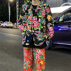 XF01男士港风文艺休闲大码西服套装西装东北大花民族风特色风图片