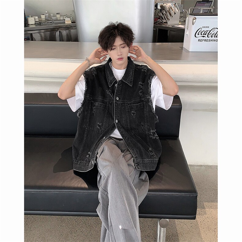 2024新款潮牌百搭坎肩无袖上衣复古水洗牛仔马甲男现货 W8203-P55图片