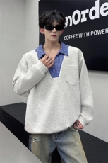 WY10153-特P48控88小众撞色面料拼接格子假两件大码男宽松卫衣，男装卫衣，电商A059