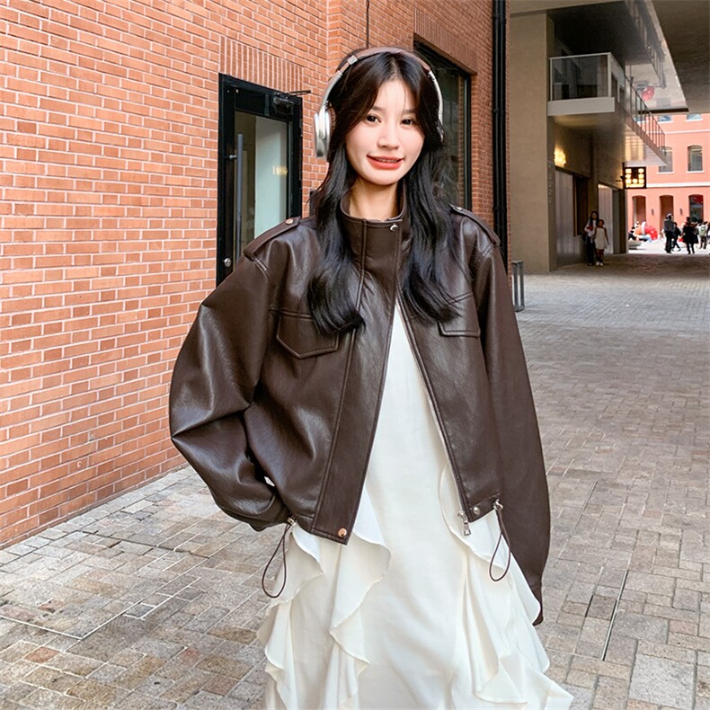 咖色短款皮衣外套女2025秋季新款港风复古高级感气质机车PU皮夹克,女装皮衣,2C123